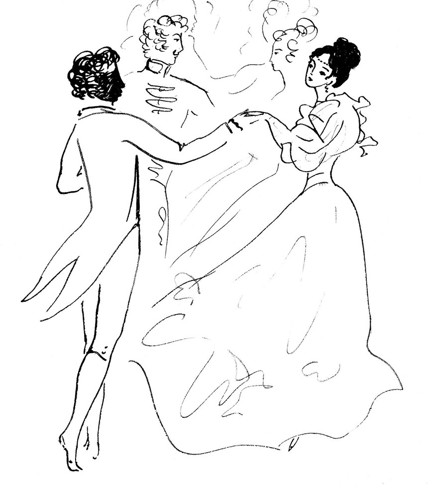 Рисунок Пушкин в Одессе танцует с Амалией Ризнич. Вторая пара – Е. Воронцова и А. Раевский (1968)